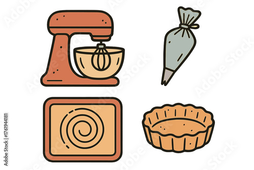 Contemporary Pastry set of icons in doodle hand-drawn vector style: stand mixer, piping bag, silicone mat, tart shell,