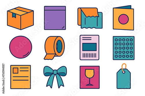E-Commerce Packaging flat icons: shipping box, mailer bag, tissue paper, thank-you card, branded sticker, packing tape, shipping label, bubble wrap, product insert, ribbon tie,