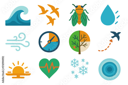 Rhythm in nature flat icons: ocean wave, bird flock, cicada, rain drop, wind gust, tide clock, four seasons tree, migration path, sunrise set, heartbeat leaf, falling snow, ripple