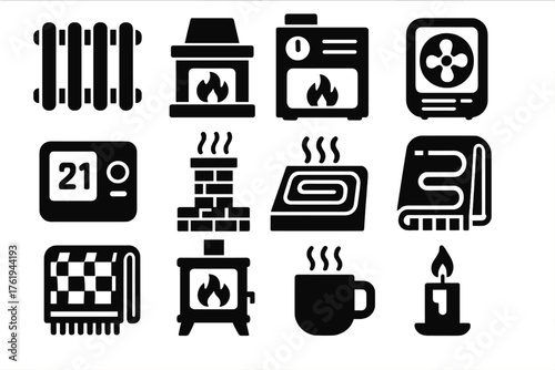 Home heating silhouette set: radiator, fireplace, furnace, heater fan, thermostat, chimney, heated floor, blanket, wood stove, steaming mug, heat vent, candle.