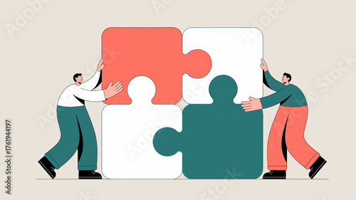 Two people working together to connect large puzzle pieces symbolizing teamwork collaboration and problem solving