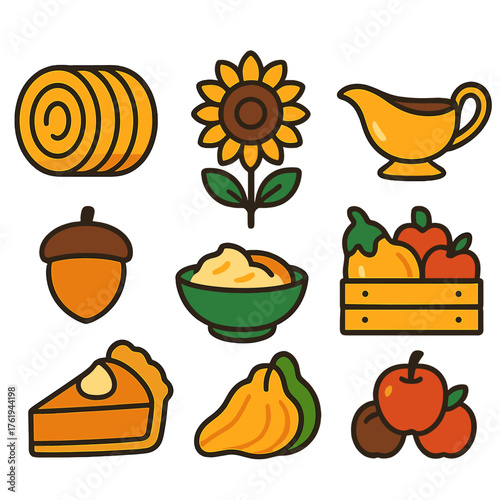 Thanksgiving Harvest flat icons: hay bale, sunflower, mashed potatoes bowl, gravy boat, acorn, squash, pie slice, wooden crate of apples. , , High resolution, sharp vector-like