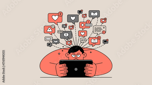 Overwhelmed person staring at tablet surrounded by social media icons and notifications showing likes and comments