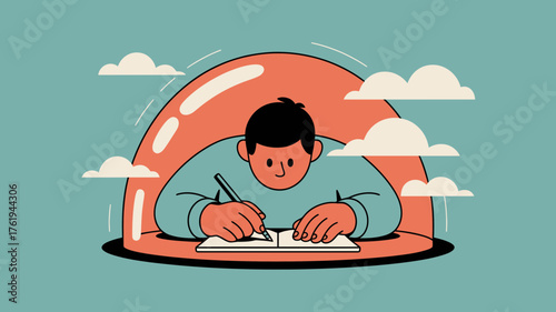 Young man focused on writing in a notebook inside a cozy abstract shelter with clouds floating around him