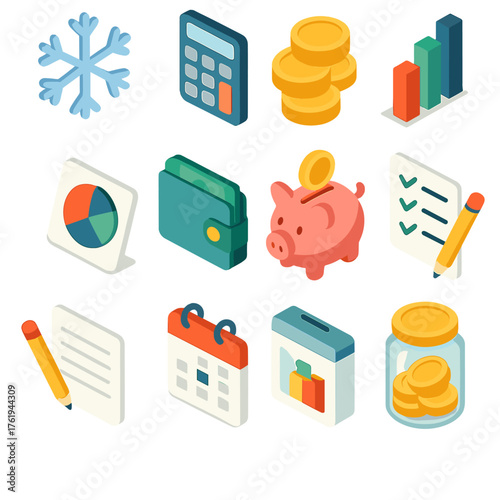 Winter Financial Planning flat isometric set: snowflake, calculator, coins, bar graph, pie chart, wallet, piggy bank, checklist, pencil, paper, calendar, savings jar.