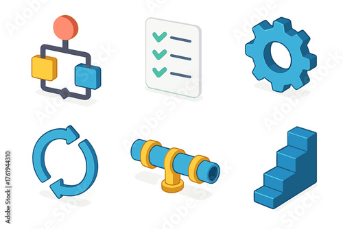 Workflow process set icons in modern isometric flat vector style: flowchart, checklist, gear, arrow loop, pipeline, steps.
