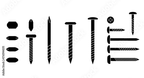 Collection of Various Types of Fasteners, Screws, and Nails