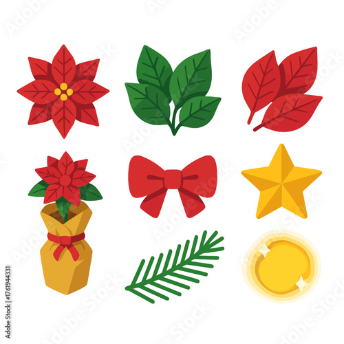 Christmas Poinsettia flat isometric set: poinsettia bloom, green foliage, red leaves, golden star, wrapped pot, bow tie, pine branch, soft glow.