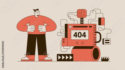 Frustrated man with hands up next to a broken robot displaying error 404 page not found message on a light background