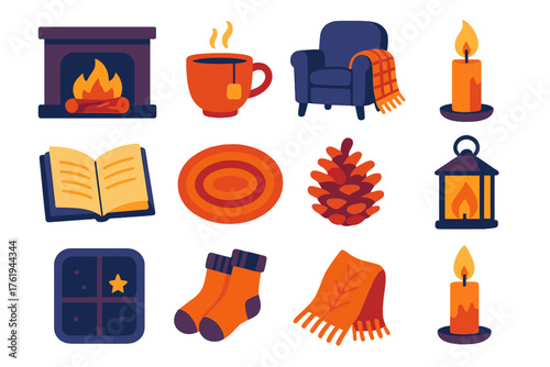 Fireside Evenings flat icons: warm fire, cup of tea, armchair, knitted blanket, candlelight, open book, rug, pinecone, lantern, glowing wood, cozy socks, star outside window.
