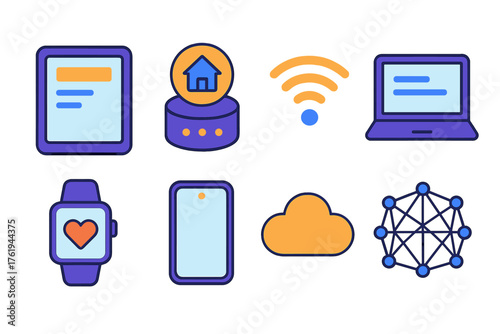 Device Ecosystem flat icons: tablet screen, smart home hub, wireless signal, connected laptop, smartwatch, smartphone, cloud icon, data mesh. , , High resolution, sharp vector-like