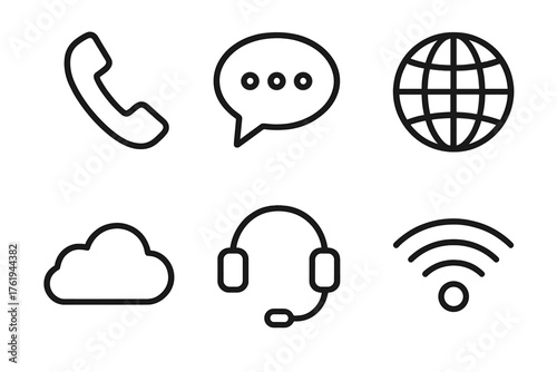 VoIP outline icon set: phone handset, speech bubble, globe, cloud, headset, signal waves.