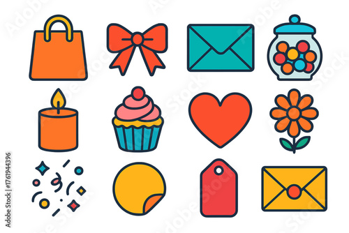 Custom Favors flat icons: gift bag, ribbon bow, thank-you card, candy jar, candle, cupcake, heart, flower, confetti, sticker, tag, envelope.