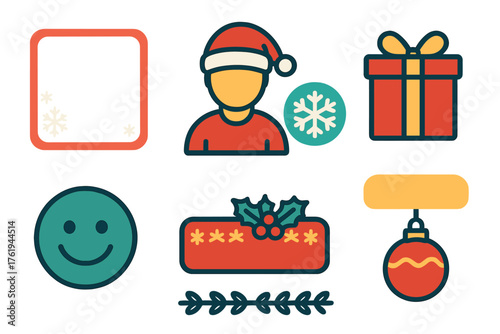 Holiday Online Identity flat icons: festive profile frame, Santa hat avatar, snowflake badge, gift icon status, holiday username banner, ornament border, Christmas mood icon,
