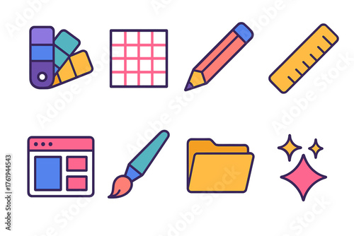 Design Coordination flat isometric set: color palette, grid, pencil, ruler, layout window, brush, folder, sparkle.