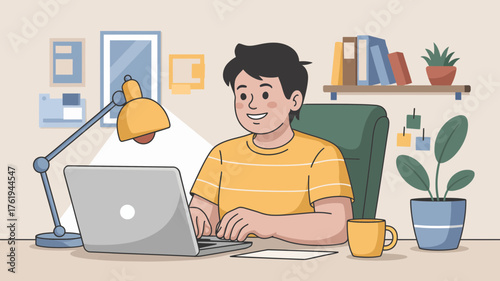 Young man happily working on his laptop computer at a desk in a cozy home office setting with books and plants