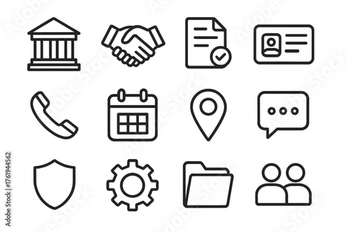 Citizen Services outline icon set: government building, handshake, document, ID card, phone, calendar, map pin, chat bubble, shield, gear, folder, people. , , High resolution,