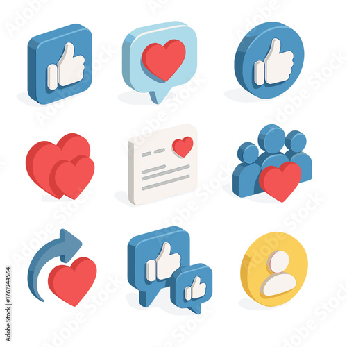 Like Social set icons in modern isometric flat vector style: like button, heart in chat bubble, thumbs up in circle, star rating, double heart, liked post icon, social media thumbs