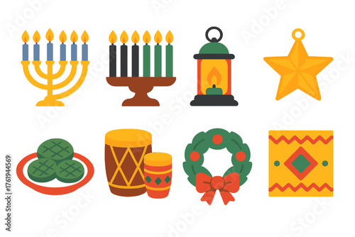 Holiday Traditions Cultural Celebrations flat icons: menorah, kinara candles, lantern light, star ornament, rice cake plate, decorative drums, wreath circle, festive cloth pattern.