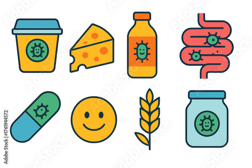 Beneficial Bacteria flat icons: yogurt cup, cheese wedge, kombucha bottle, gut icon, probiotic capsule, smiling face, wheat stalk, kefir jar.