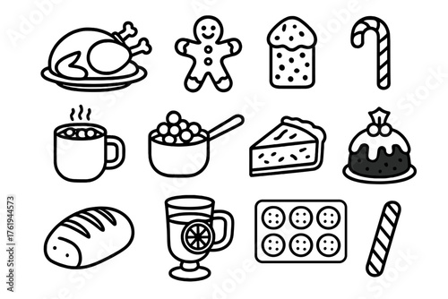 Christmas Festive Food outline icon set: roast turkey, gingerbread cookie, candy cane, fruitcake, hot cocoa mug, cranberry sauce, pie slice, Christmas pudding, bread loaf, apple