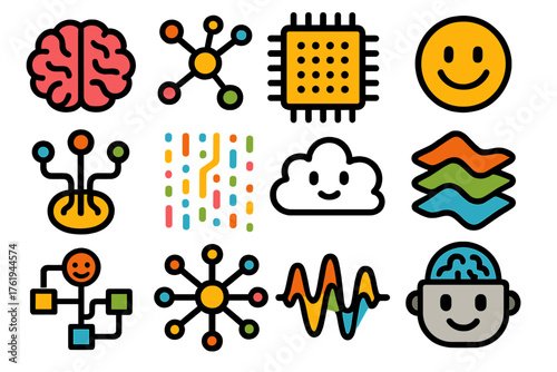 Whimsical Deep Learning silhouette set: cartoon brain, colorful neuron links, doodle chip, smiling node, rainbow circuit, confetti data lines, playful cloud, wavy layer map, happy