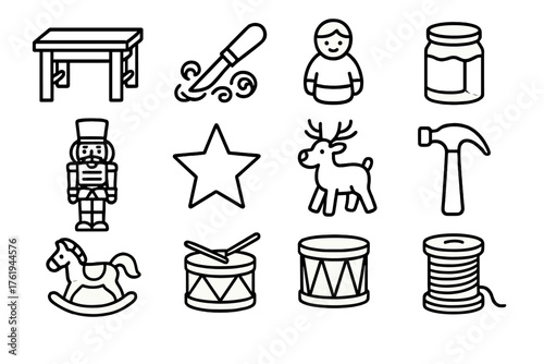 Christmas Workshop outline icon set: toy bench, carving knife, wood shavings, half-finished toy, paint jar, nutcracker, star, reindeer toy, hammer, rocking horse, drum, spool of