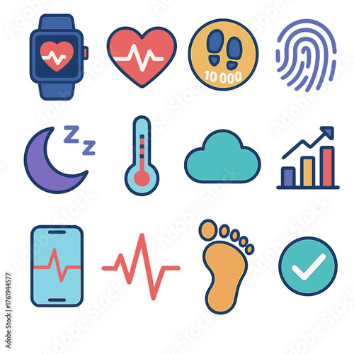 Health Tracking flat icons: smartwatch, heart rate, step counter, fingerprint, sleep icon, thermometer, cloud, data chart, phone, pulse line, footstep, checkmark. , , High