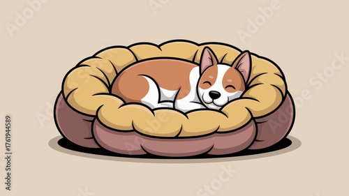 Adorable small white and brown dog peacefully sleeping curled up in a plush round dog bed with soft lighting