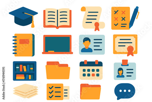 Academic Biography flat icons: graduation cap, open book, scroll, exam sheet, pen, notebook, chalkboard, student profile, certificate, library, folder, calendar, ID badge, paper