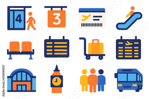 Passenger Transit Set flat icons: airport gate, platform number, ticket barcode, escalator, seat, timetable, luggage cart, flight board, station building, clock tower, crowd, bus