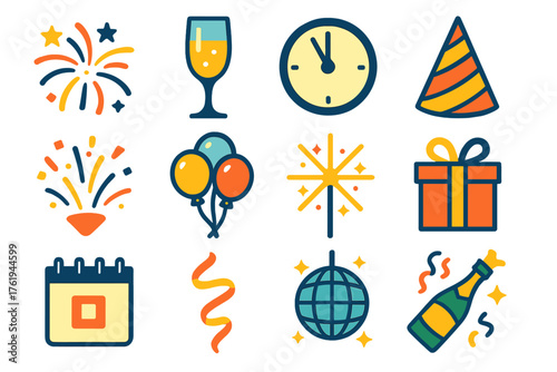 New Year Celebration flat icons: fireworks, champagne glass, clock striking midnight, party hat, confetti burst, balloon bunch, sparkler, gift box, calendar page, streamer ribbon,