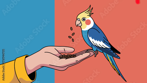 A cute colorful cockatiel bird with a yellow crest eating seeds from an open hand against a split blue and red background