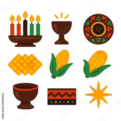 Kwanzaa Kinara flat icons: seven-candle holder, glowing flames, black, red, and green candles, unity cup, woven mat, corn, decorative pattern, star light. , , High resolution,
