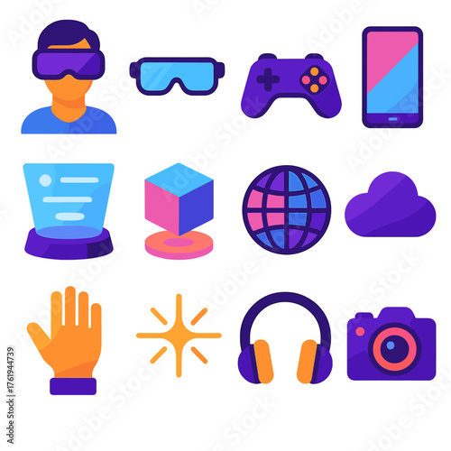 Immersive Experience flat icons: VR goggles, AR glasses, joystick, smartphone, holographic screen, 3D cube, globe, cloud, motion control, light spark, headphones, camera. , , High