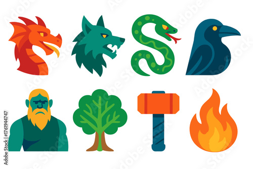 Norse Beasts flat icons: dragon, wolf, serpent, raven, giant, tree, hammer, flame.