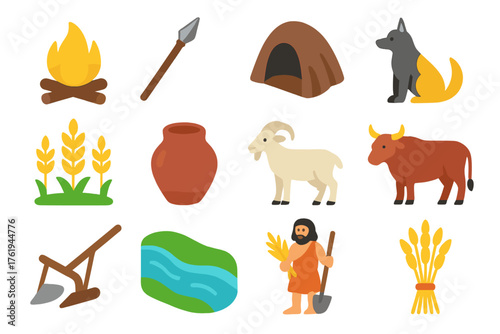 Early Human Domestication flat isometric set: campfire, spear, cave, wolf turning dog, wheat plant, clay pot, goat, ox, plow, riverbank, early farmer, grain bundle.