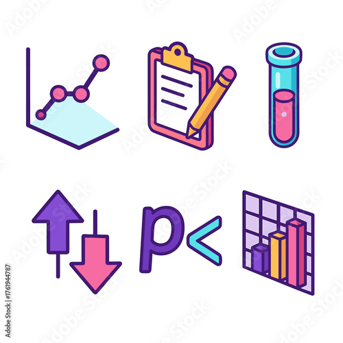 Hypothesis Testing flat isometric set: data graph, clipboard with pencil, test tube, compare arrows, p-value symbol, chart grid.