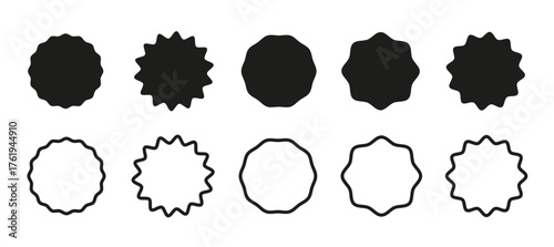 Wavy edge promo badges. Set of stickers in circle shape. Round frame. Blank sale icon. Black Tags for price in star burst shape. Silhouette simple borders. Vintage labels samples.