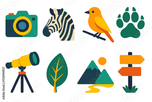 Wildlife Observation flat icons: camera, zebra, bird, footprint, telescope, leaf, mountain, trail sign.