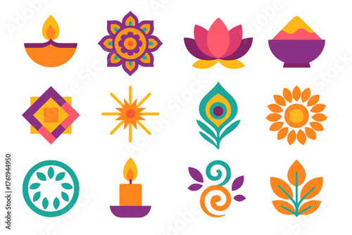 Diwali Rangoli flat icons: diya light, floral mandala, lotus flower, color powder, geometric shapes, starburst, peacock feather, petal ring, circular border, leaf design, candle