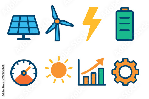 Energy Yield flat icons: solar panel, wind turbine, lightning bolt, battery, gauge, sun, chart, gear.