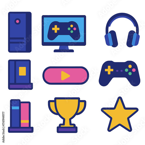 Gaming Experience flat icons: console tower, monitor display, controller pad, headphones, game library, play button, trophy cup, victory star.