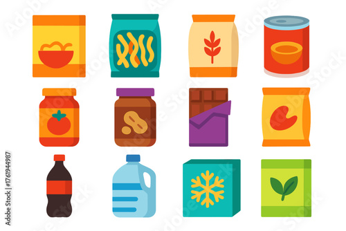 Groceries Packaged flat icons: cereal box, pasta bag, rice sack, canned soup, jar of sauce, peanut butter jar, chocolate bar, snack bag, soda bottle, water jug, frozen food box,