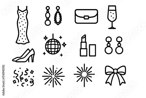 New Year’s Eve Glamour outline icon set: sequined gown, jewelry, clutch, champagne glass, heels, disco light, lipstick, pearl earrings, confetti, fireworks, starburst, ribbon bow.