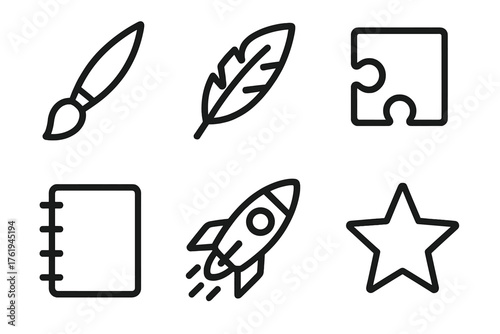 Creative inventor outline icon set: paintbrush, feather, puzzle piece, notebook, rocket, star.