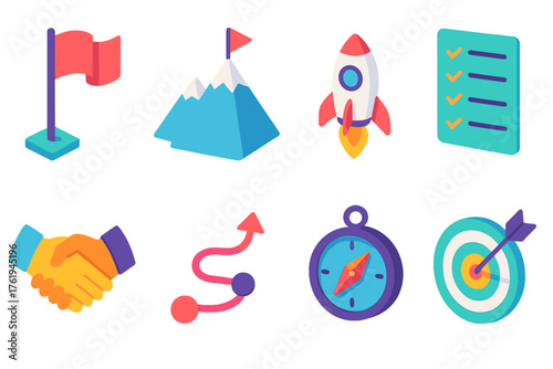 Missions flat isometric set: flag, mountain, rocket, checklist, handshake, path, compass, target.