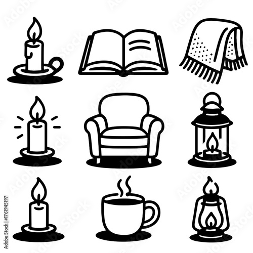 Candlelight Warmth outline icon set: candle in holder, open book, soft shadows, cozy chair, glowing lantern, wool blanket, warm drink, gentle flame.