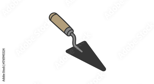 Illustration of a Black Trowel with Wooden Handle for Masonry and Gardening Tasks