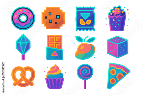 Snack Creative flat icons: neon donut, pixel art cookie, hologram chips bag, cosmic popcorn, crystal candy, glowing chocolate bar, surreal fruit snack, futuristic snack cube,